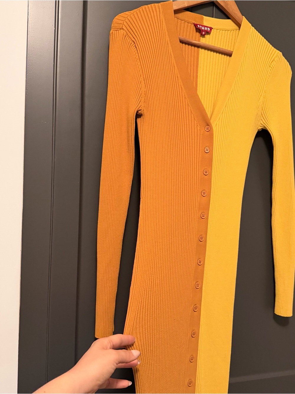 STAUD Two-Tone Ribbed Button-Front Maxi Dress or Cardigan in Honey Goldie M - Picture 2 of 10